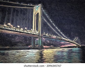 Illustration In A Graphic Design Depicting Brooklyn's Verrazano Bridge At Night.