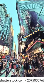 Illustration in a graphic design depicting NYC's skyscrapers seen from street level.