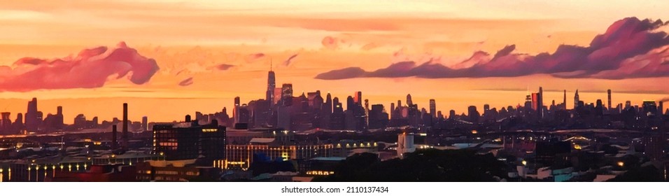 Illustration in a graphic design depicting sunset over Gotham city. 