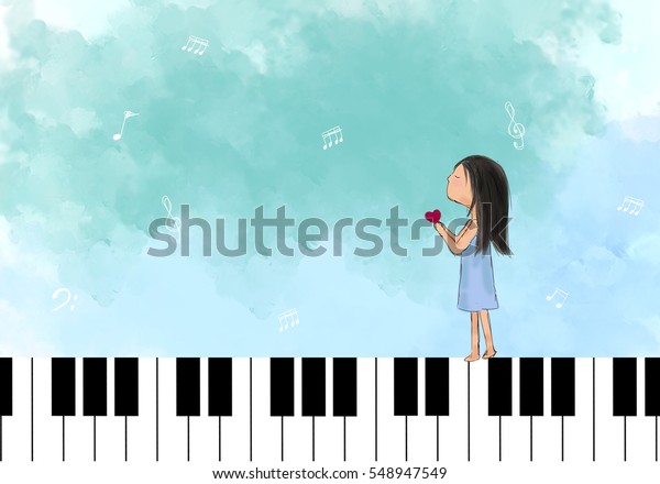 青い空にピアノの上を心を持つ孤独な女の子のイラスト 願い事 希望 バレンタイン 愛 祈り 傷つく 自由 ファンタジーデザインテンプレートの背景壁紙 を作るアイデア のイラスト素材