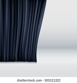 Illustration with gray background with black realistic velvet curtain.