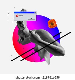 Illustration Of Greek Statue. Synth Vapor Retro Wave Style Wallpaper Background Concept. 3D Rendering. 