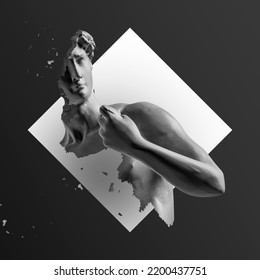 Illustration Of Greek Statue. Synth Vapor Retro Wave Style Wallpaper Background Concept. 3D Rendering. 