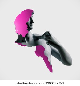 Illustration Of Greek Statue. Synth Vapor Retro Wave Style Wallpaper Background Concept. 3D Rendering. 