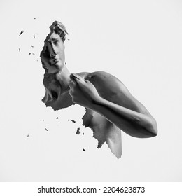 Illustration Of Greek Statue. Synth Vapor Retro Wave Style Wallpaper Background Concept. 3D Rendering. 