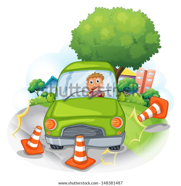 Illustration of a green car bumping the traffic cones on\
a white background\

