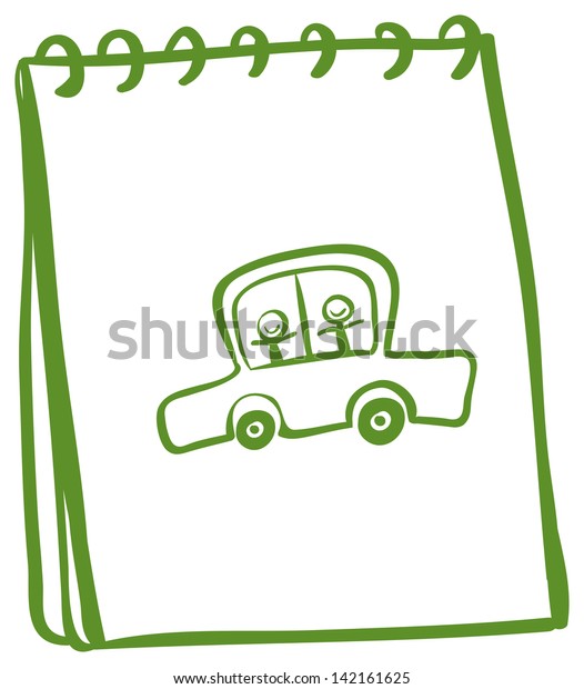 Illustration of a green notebook with a\
car with kids at the cover page on a white\
background