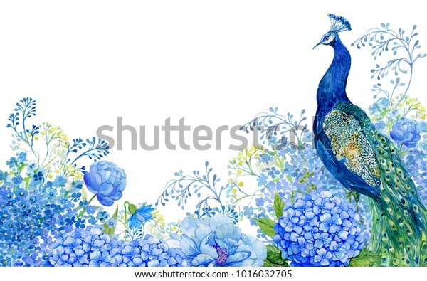 グリーティングカード 大鳥 孔雀の青い花のイラスト 水彩手描きの