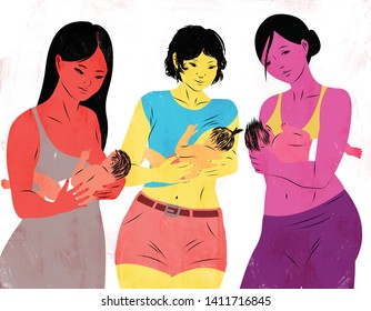 Illustration of a group of breastfeeding mothers 