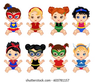 Illustration  group of cute babies  girls  in costumes of superheroes. Raster copy. - Powered by Shutterstock