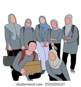 Illustration of a group of male and female students wearing hijabs holding social service activities, fundraising projects, donations, charity events. suitable for the theme of solidarity, togethernes - Powered by Shutterstock