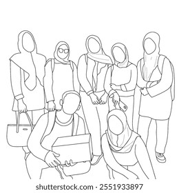 Illustration of a group of male and female students wearing hijabs holding social service activities, fundraising projects, donations, charity events. suitable for the theme of solidarity, togethernes - Powered by Shutterstock