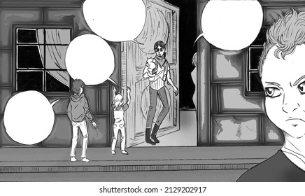 Illustration group people (one adult and cat   two kids) entering into building  while there is another kid that looks at them resentfully over their shoulder  With blank speech bubbles