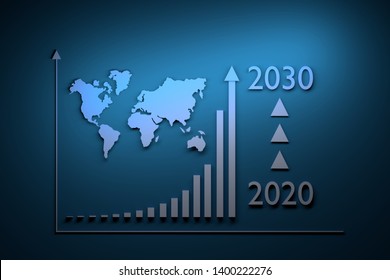 Illustration with growth infographics - exponential growth over period from 2020 to 2030 and world map on blue background. 3d illustration.