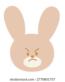 Illustration of grumpy bunny face shape for plush toy, kid doll, childhood, youth, forever young, animal, sticker, rabbit cartoon, character, comic, mascot, easter, angry mood, sad feelings, emotion	
