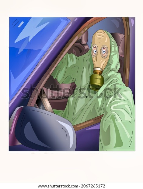 Illustration of a guy wearing a gas mask in\
a car.\
Nature\
pollution.\

