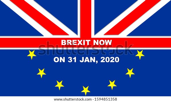 Illustration of half UK flag, and half of EU\
flag. Text reads Brexit now on 31 Jan, 2020. UK MPs have backed the\
Prime Minister Boris Johnson\'s plan for the UK to leave the EU on\
31 January.