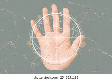 Illustration of a hand with celestial symbols on green background. Hand and stars, cosmic design. Hand with astrological elements, mystical hand art, celestial theme.