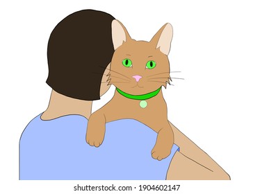 Illustration hand drawn drawing brown cat in the arms dark haired person facing away from viewer  Cat  wearing collar and ID tag  looking over shoulder at viewer 