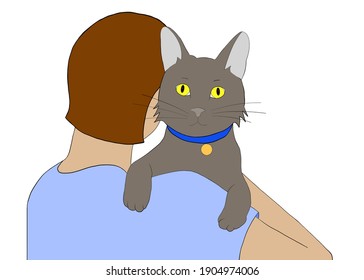 Illustration hand drawn drawing grey cat in the arms brown haired person facing away from viewer  Cat  wearing collar and ID tag  looking over shoulder at viewer 
