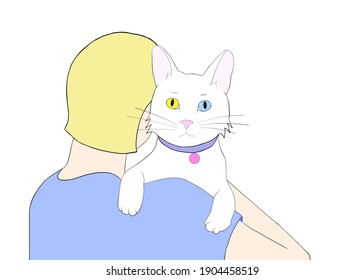 Illustration hand drawn drawing white cat and heterochromia in the arms blonde person facing away from viewer  Cat  wearing collar and ID tag  looking over shoulder at viewer 