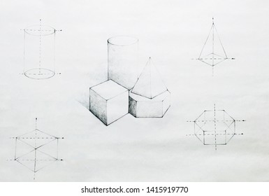 Illustration Hand Drawn Sketch Of Geometric Shapes Set Of Cube, Pyramid, Cylinder, Hexagon And Cone.