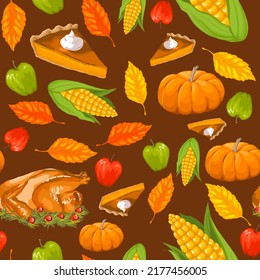 Illustration Hand Drawn Thanksgiving Turkey Dinner Autumn Fall Seamless Pattern Brown Backdrop