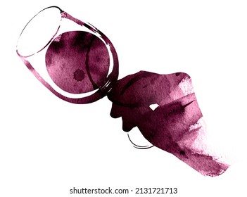 Illustration of a hand with a glass of wine. Silhouette with watercolor effect. Red wine colour. Artistic. Drawing with white background