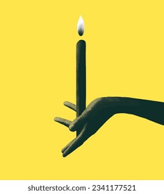 Illustration hand holding the candle  Dark drawing and yellow background isolated pretty beautiful dark candles   flame