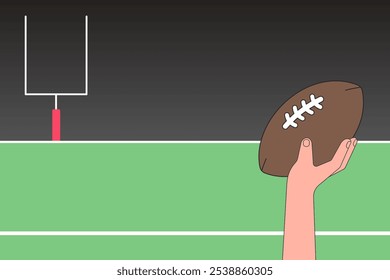 Illustration of a hand holding a football on a field with goalposts background. Football field, football game, and football goalposts in a simple background design. - Powered by Shutterstock