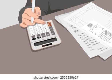 Illustration of a hand using a calculator with receipts and papers on a desk. Calculator, receipts, and papers suggest financial calculations and budgeting for business concepts with copy space.  - Powered by Shutterstock