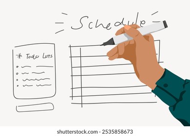 Illustration of a hand writing a schedule. Includes a to-do list. Focus on planning, organizing, and scheduling tasks efficiently. Aesthetic schedule vector illustration. - Powered by Shutterstock