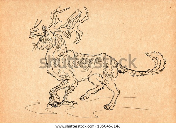 手描きのカリグリハウンドのイラトス 神秘的な生き物と伝説の獣 古代の神話や伝説 英国の紋章と民話 ビンテージスケッチ図面 コンセプトアート のイラスト素材