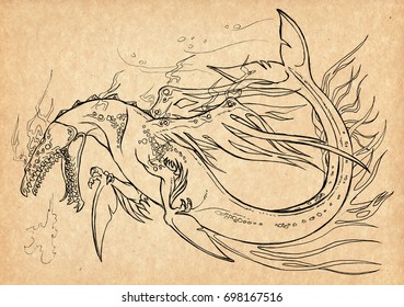 Illustration with hand-drawn Leviathan. Mystical creature and legendary beast. Ancient myths and legends. Jewish mythology and Biblical folklore. Vintage sketch drawing. Concept art.