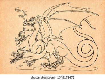 Illustration with hand-drawn Zmey Gorynych. Mystical creature and legendary beast. Ancient myths and legends. Russian mythology and Slavic folklore. Vintage sketch drawing. Concept art.
