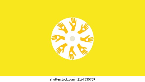 Illustration of hands with heart shapes in palms forming circle against yellow background. Copy space, international day of charity, together, donation, volunteer, support, awareness, celebration.