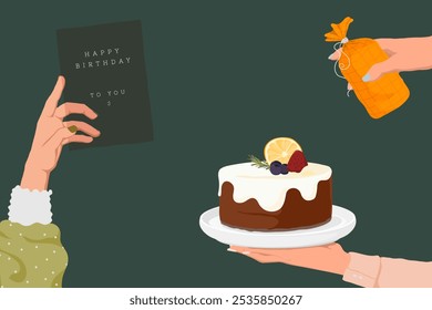 Illustration of hands holding a birthday card and a cake. Birthday celebration with cake, card, and gift. Festive birthday scene with cake and card. Aesthetic vector illustration. Birthday party. - Powered by Shutterstock