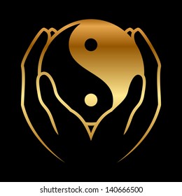 Illustration of hands holding yin yang symbol