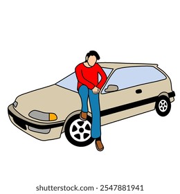 illustration of a handsome young man wearing casual clothing who is sitting relaxed leaning on the hood of a cream colored vintage, classic, antique car.  - Powered by Shutterstock