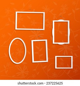 Illustration hanging white frames colorful orange background 