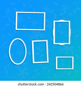 Illustration hanging white frames colorful blue background 