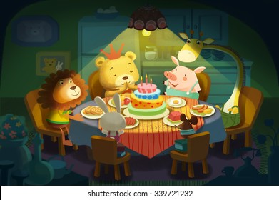 Illustration: Happy Birthday! It is little Bear's Birthday, All his Little Animals Friends Come and Wish him a Happy Birthday! Realistic Fantastic Cartoon Style Scene / Wallpaper / Background Design.
