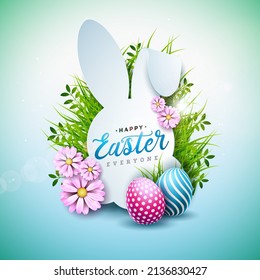Illustration of Happy Easter Holiday with Painted Egg and Spring Flower on Shiny Light Blue Background. Celebration Design for Greeting Card, Party Invitation or Promo Banner. JPG Version