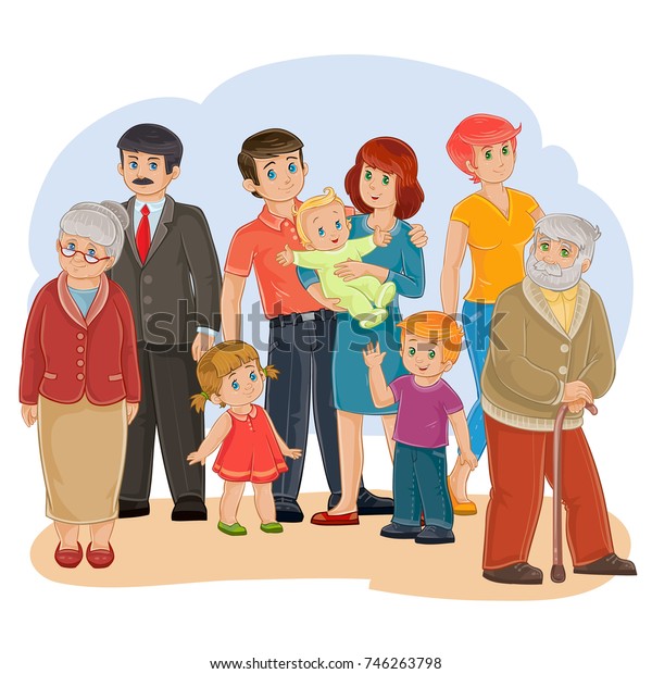  illustration of a happy\
family of nine people - great-grandfather, great-grandmother,\
grandfather, grandmother, dad, mom, daughter, son and baby - posing\
together