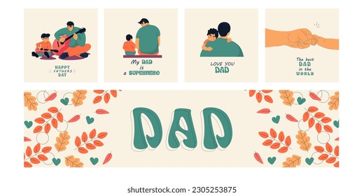 
Illustration. Happy father's day. Family. My dad is a superhero. Thank you dad, love you dad, father and son. Set of postcards, banner, poster. Design for social networks. - Powered by Shutterstock