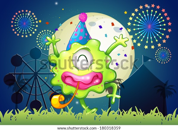 Illustration of a happy one-eyed monster at the\
carnival with a firework\
display