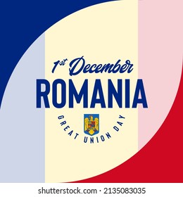 Illustration Of Happy Romanian Great Union Day With Romanian Coat Of Arms And Flag Silhouette.