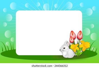 Illustration of happy spring easter background with small white rabbit, spring flowers and blank white table