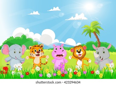 Wildlife African Animals Background Cute Cartoon Stock Vector (Royalty ...