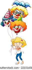 Illustration of a happy young lady with three balloons on a white background